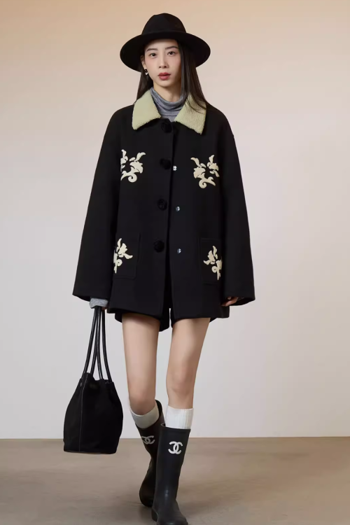 Vintage Embroidered Collar Wool Coat