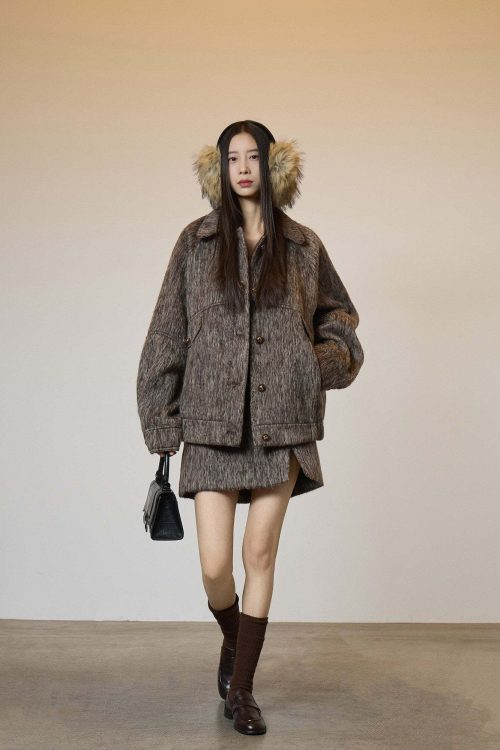 Vintage Mocha Brown Wool Jacket / Mini Skirt