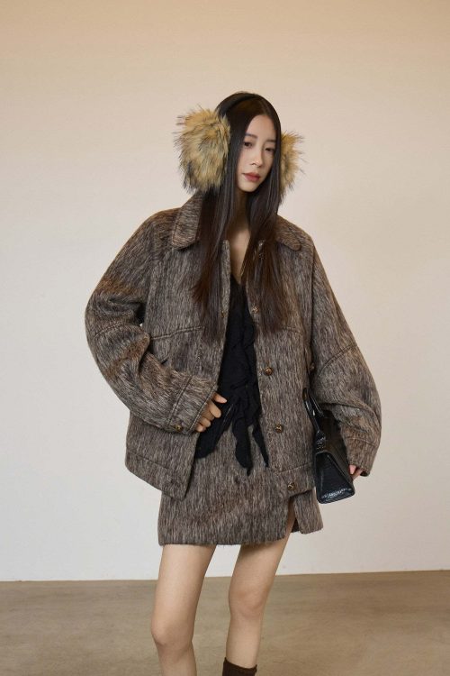 Vintage Mocha Brown Wool Jacket / Mini Skirt