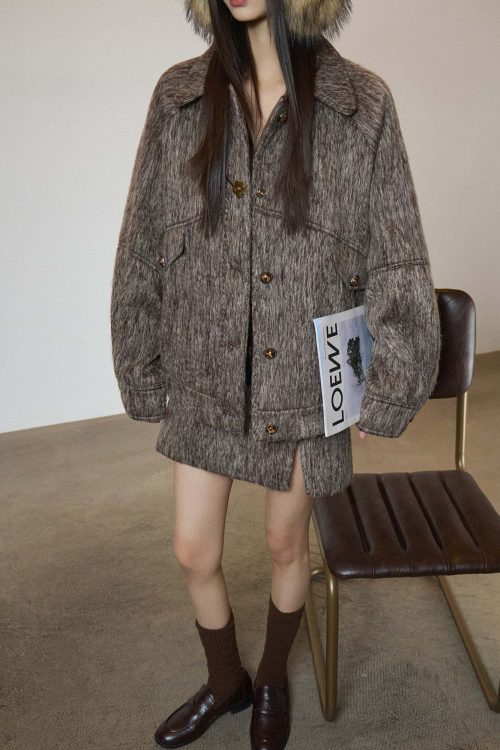 Vintage Mocha Brown Wool Jacket / Mini Skirt