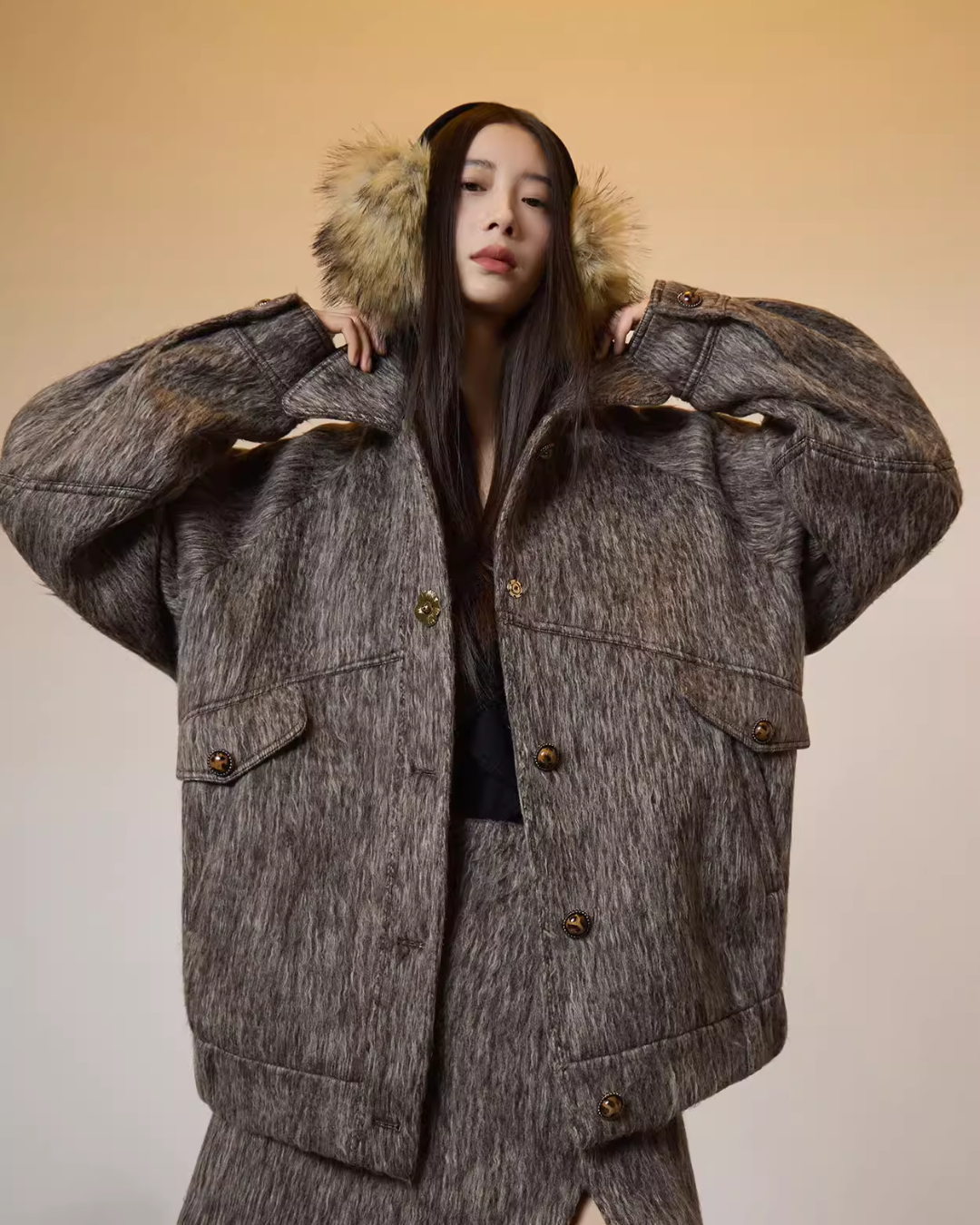 Vintage Mocha Brown Wool Jacket / Mini Skirt