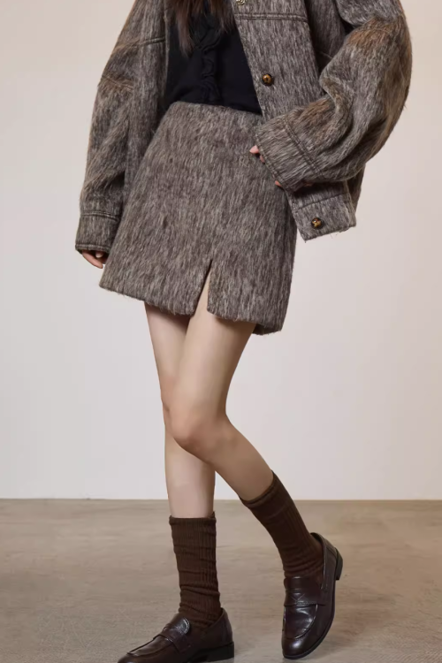 Vintage Mocha Brown Wool Jacket / Mini Skirt