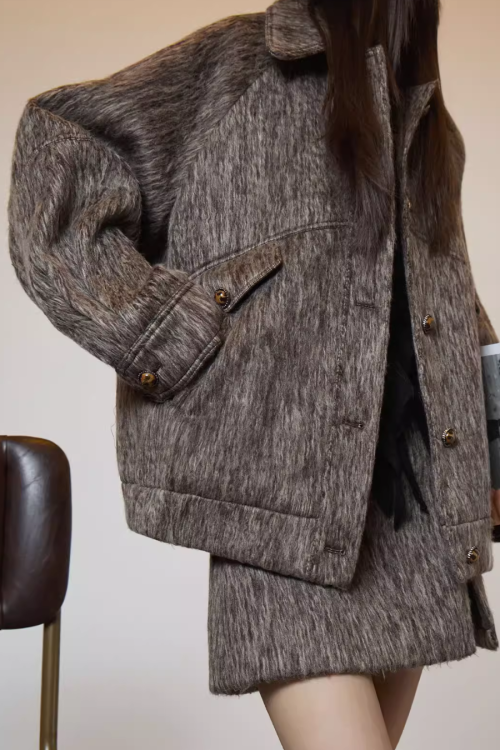 Vintage Mocha Brown Wool Jacket / Mini Skirt