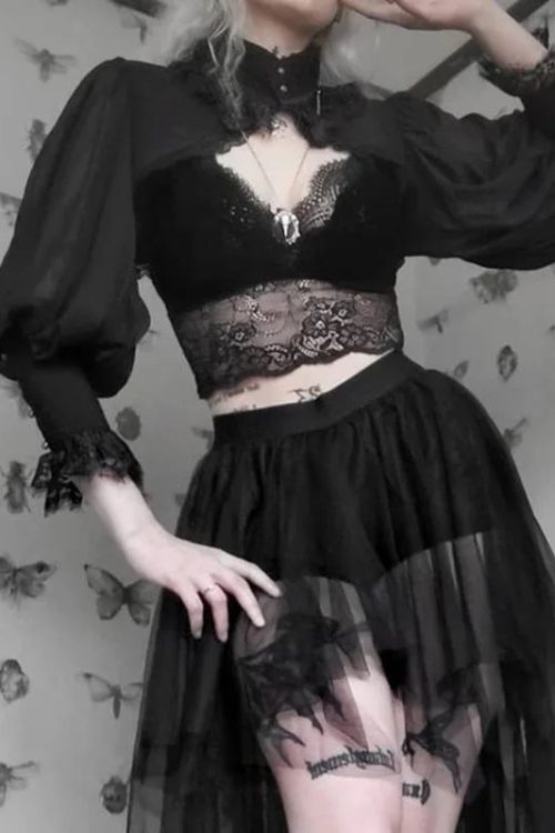 Visual Kei Gothic Lace & Mesh Crop Top and Skirt Set