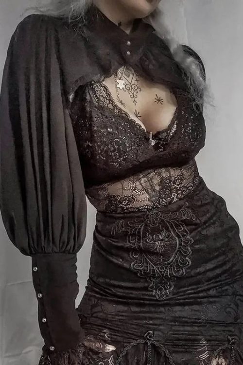Visual Kei Gothic Lace & Mesh Crop Top and Skirt Set
