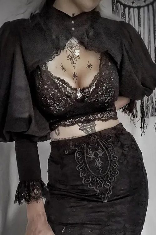 Visual Kei Gothic Lace & Mesh Crop Top and Skirt Set