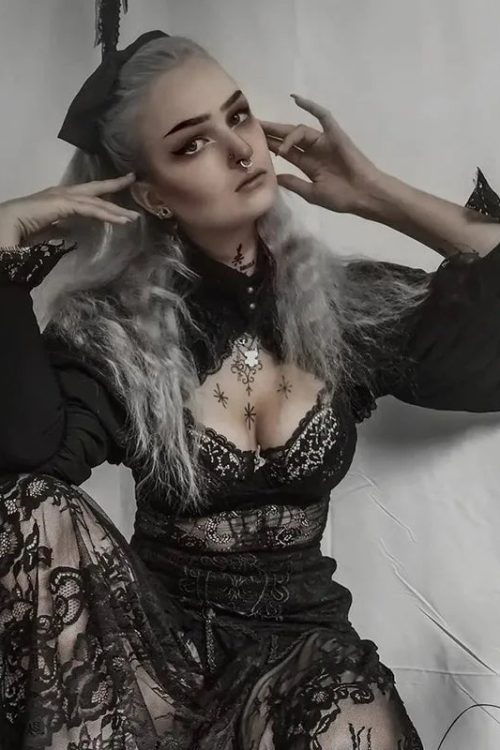 Visual Kei Gothic Lace & Mesh Crop Top and Skirt Set