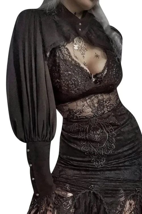 Visual Kei Gothic Lace & Mesh Crop Top and Skirt Set