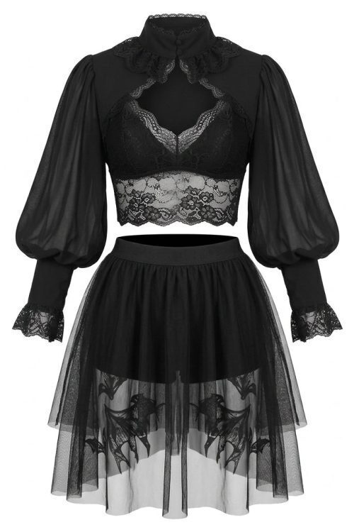 Visual Kei Gothic Lace & Mesh Crop Top and Skirt Set