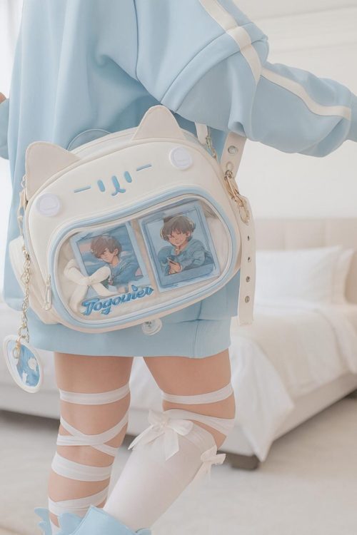White Kawaii Cat Ita Shoulder Bag with Clear Window for Plushies and Pins