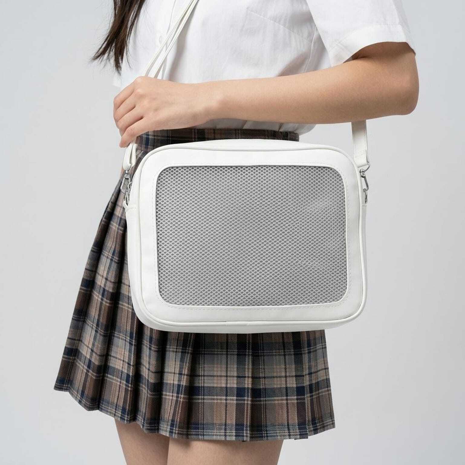 White Kawaii Convertible Ita Bag with Clear Window for Pin Display