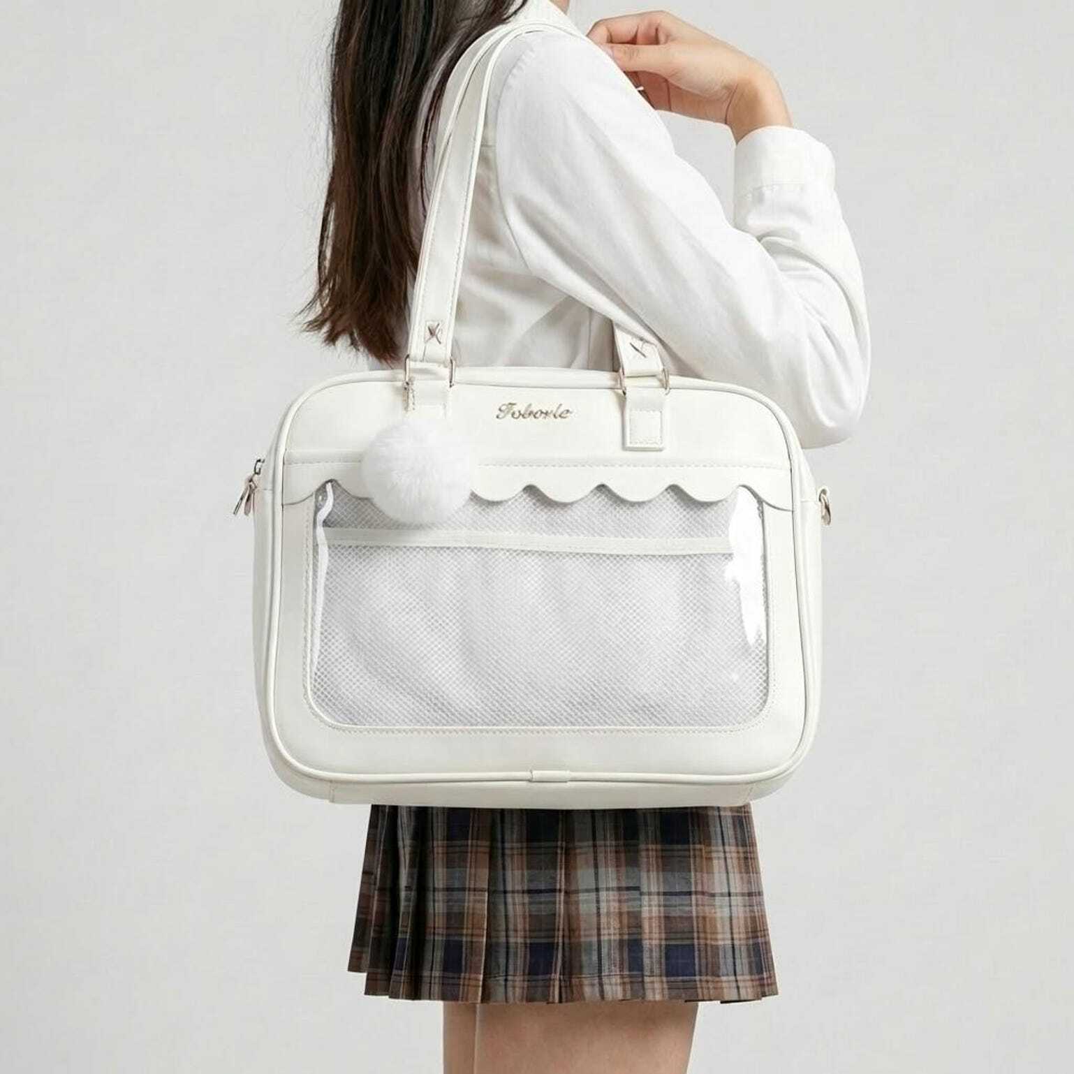 White Kawaii Ita Backpack with Clear Window for Pin Display