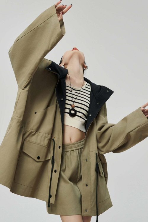 Wind Hooded Trench Coat / High-Waist Shorts