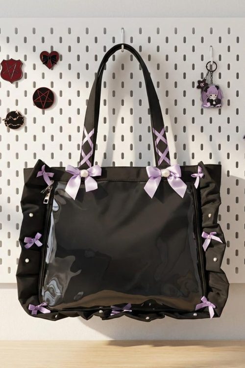 Y2K Gothic Ita Tote Bag with Clear Window for Photocards and Pins