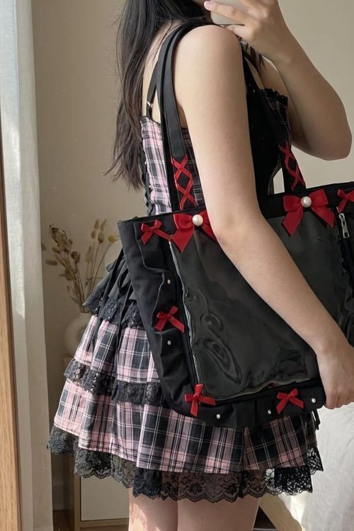 Y2K Gothic Ita Tote Bag with Clear Window for Photocards and Pins