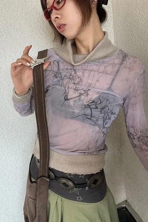 Y2K Mesh Turtleneck Top
