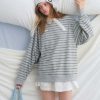 Button Lace Collar Striped Top