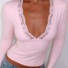 Chic Solid V Neck Lace Slim Blouse