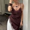Lace Trim Patchwork Low Cut Asymmetrical Slit Cami Top