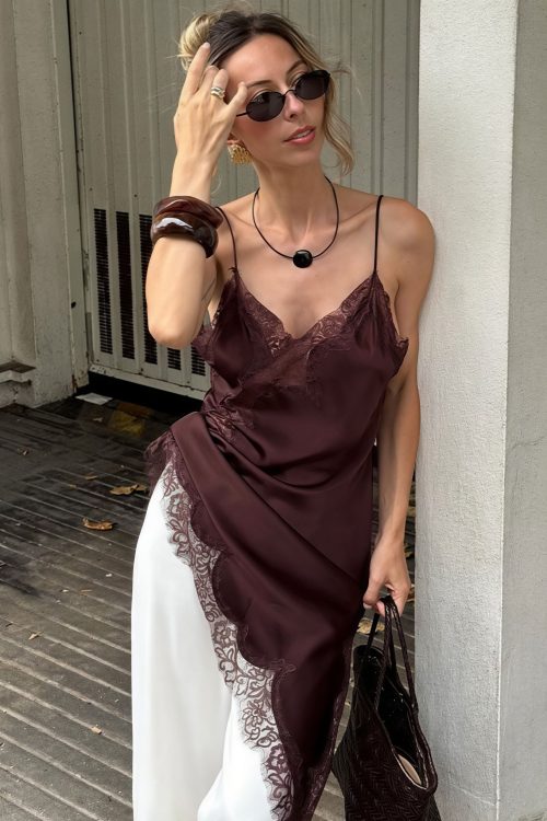 Lace Trim Patchwork Low Cut Asymmetrical Slit Cami Top