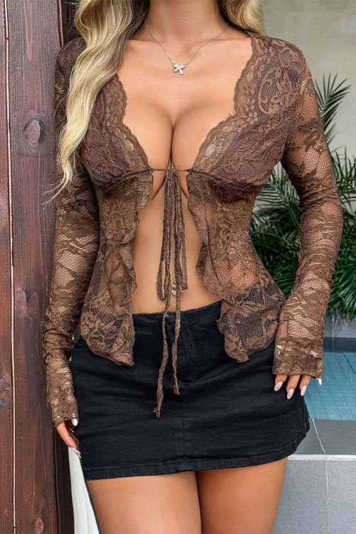 Trendy Y2K Sheer Lace Long Sleeve Blouse