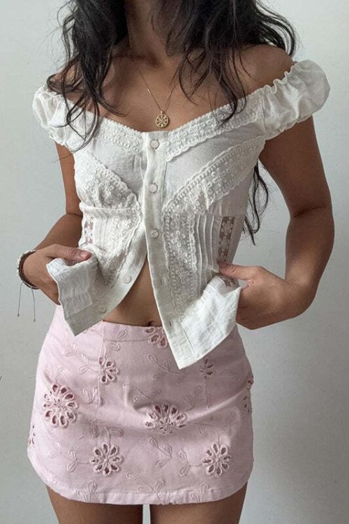 Vintage Lace V Neck Button Puff Sleeve Tank Top