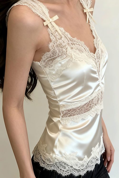 Bow Lace Patch V Neck Solid Tank Top
