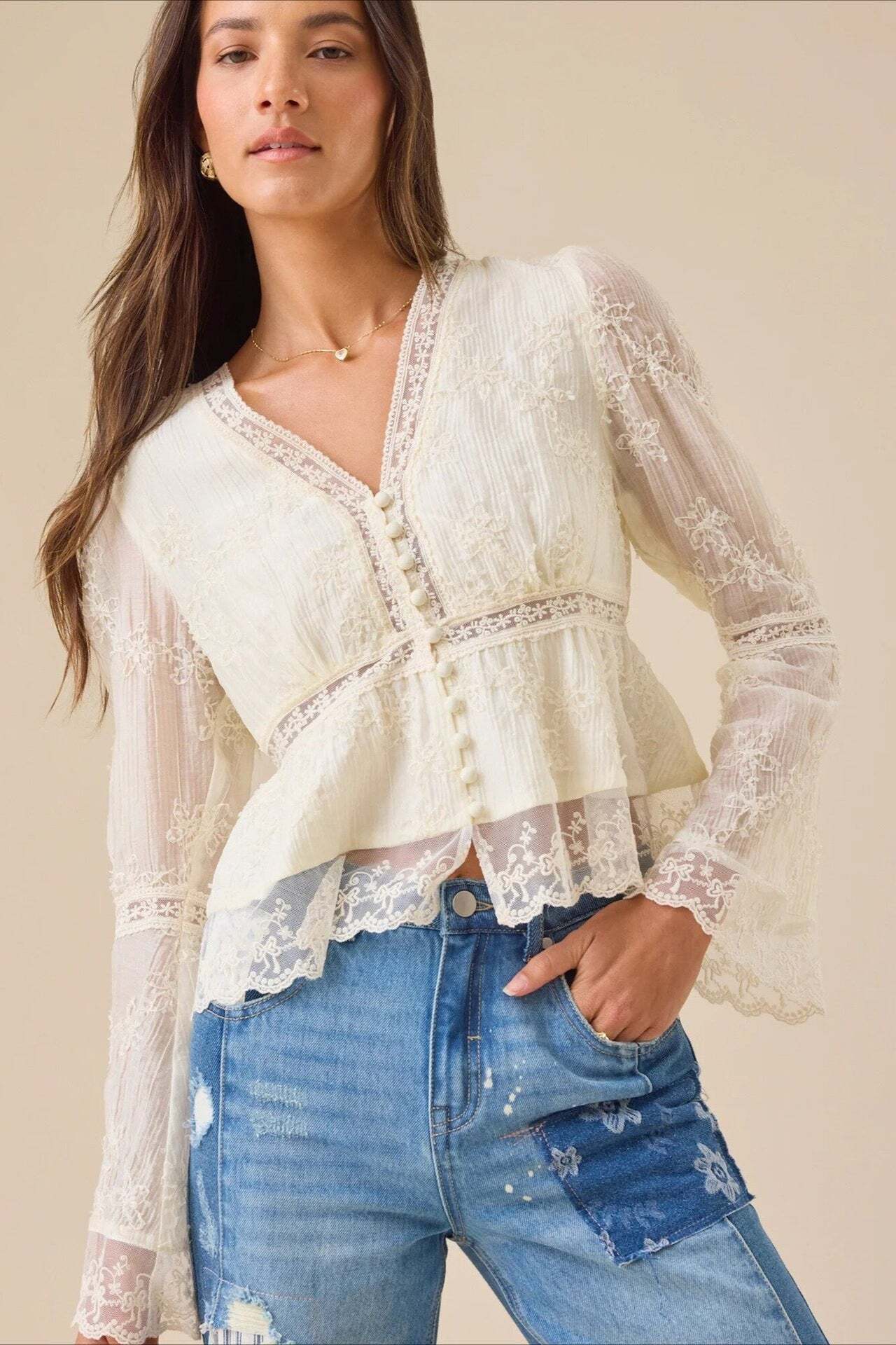 Lace Casual Hollow Out Long Sleeve Blouse Lace Casual Hollow Out Long Sleeve Blouse