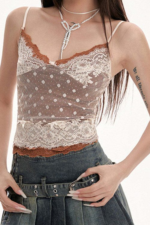Y2K Polka Dot Lace Cami Top