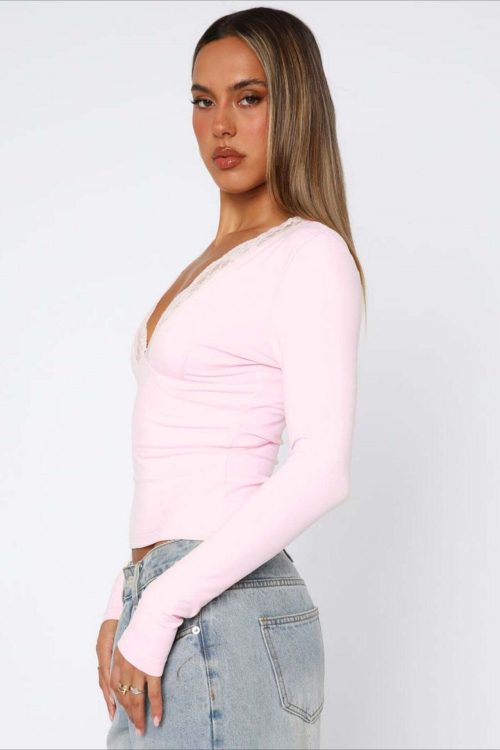 Chic Solid V Neck Lace Slim Blouse