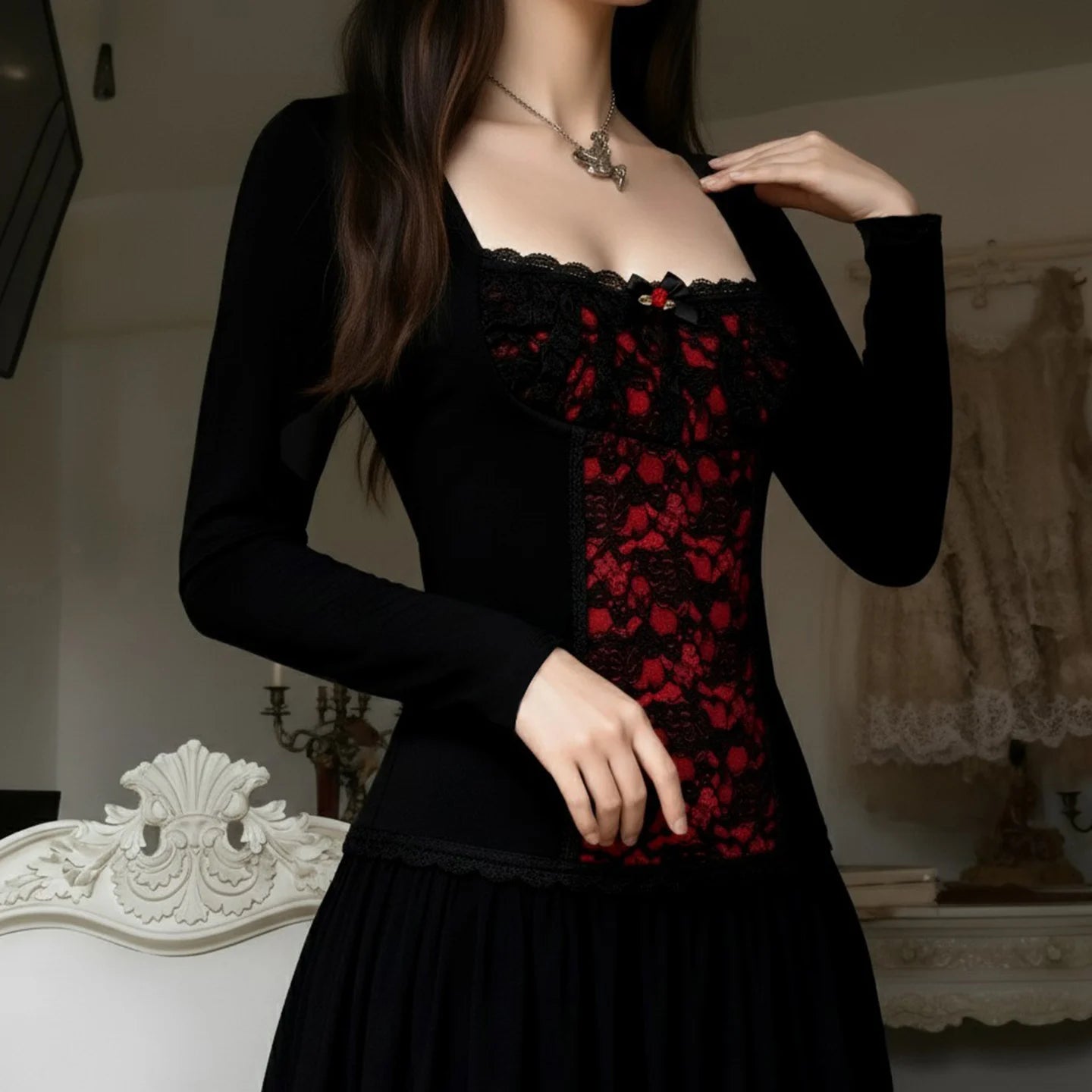 Goth Red Lace Panel Top Goth Red Lace Panel Top