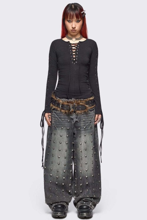 Khaela Black Lace-Up Top