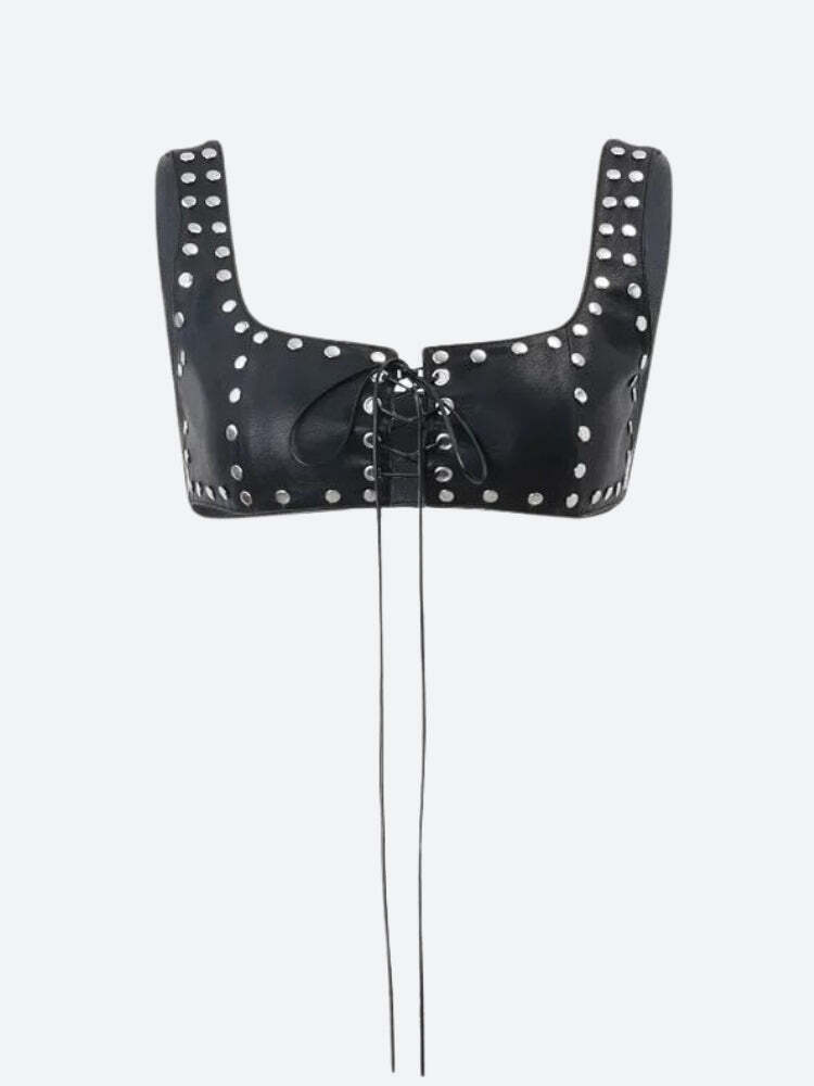 Grunge Faux Leather Lace-Up Crop Top Grunge Faux Leather Lace-Up Crop Top