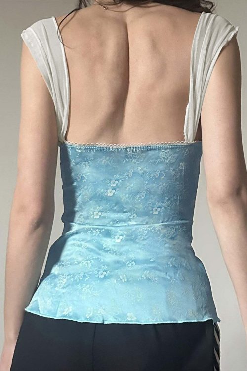 Lace Bow Floral Print Square Neck Fitted Tank Top