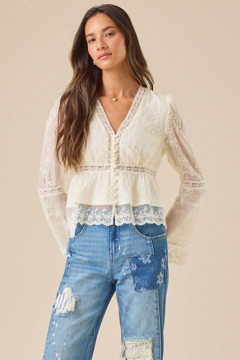 Lace Casual Hollow Out Long Sleeve Blouse Lace Casual Hollow Out Long Sleeve Blouse