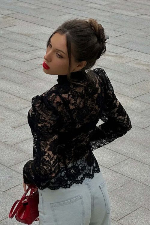 Lace Puff Sleeve Stand Collar Elegant Blouse