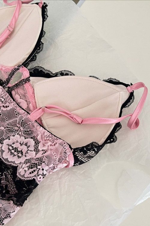 Sexy Black Pink Color Block Lace Trim Cami Top