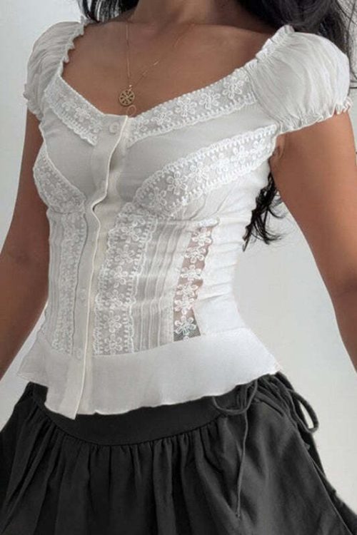 Vintage Lace V Neck Button Puff Sleeve Tank Top