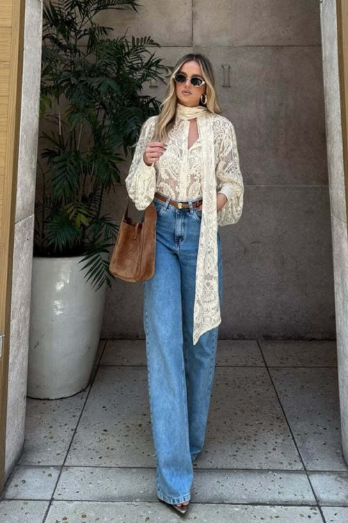 Elegant Tie Sheer Lace Long Sleeve Blouse
