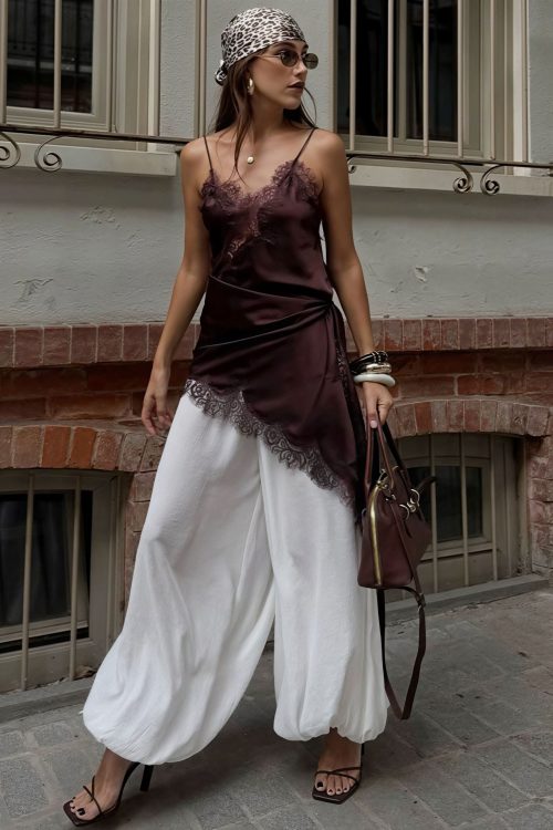 Lace Trim Patchwork Low Cut Asymmetrical Slit Cami Top