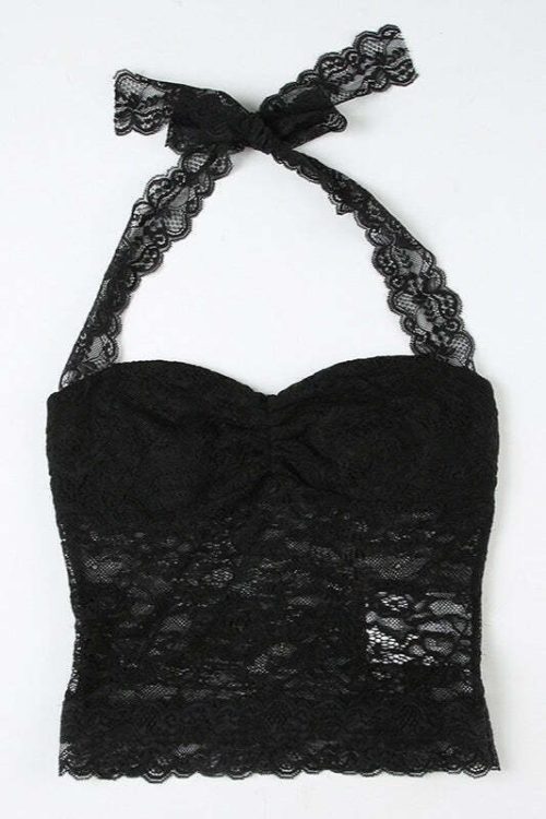 Ruched Tie Lace Sexy Slim Halter Top