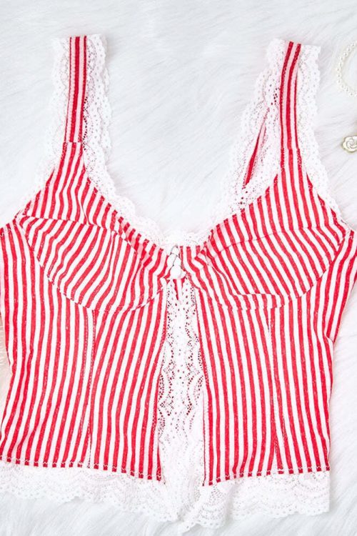 Sexy Ruffled Stripe Lace Tank Top