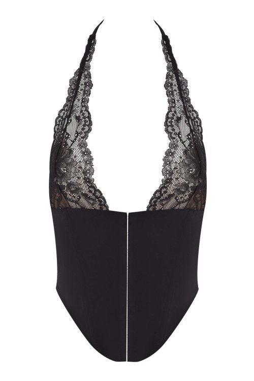 ELLENA WOVEN LACE HALTER CORSET – BLACK