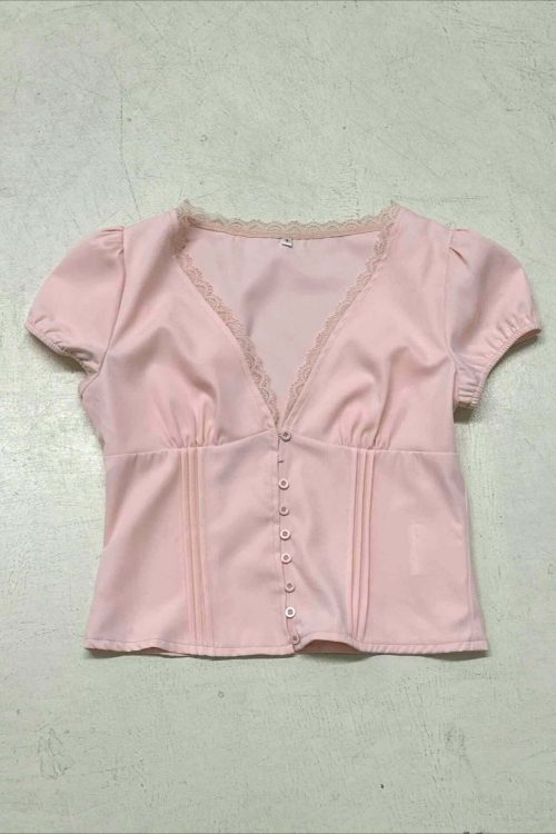 Lace Patchwork V Neck Puff Sleeve Blouse