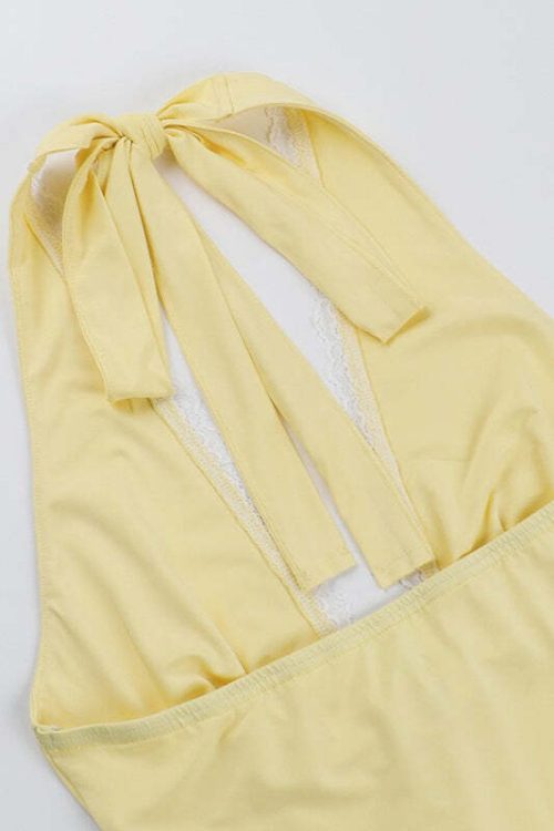 Solid Lace Trim Patchwork Deep V Halter Top
