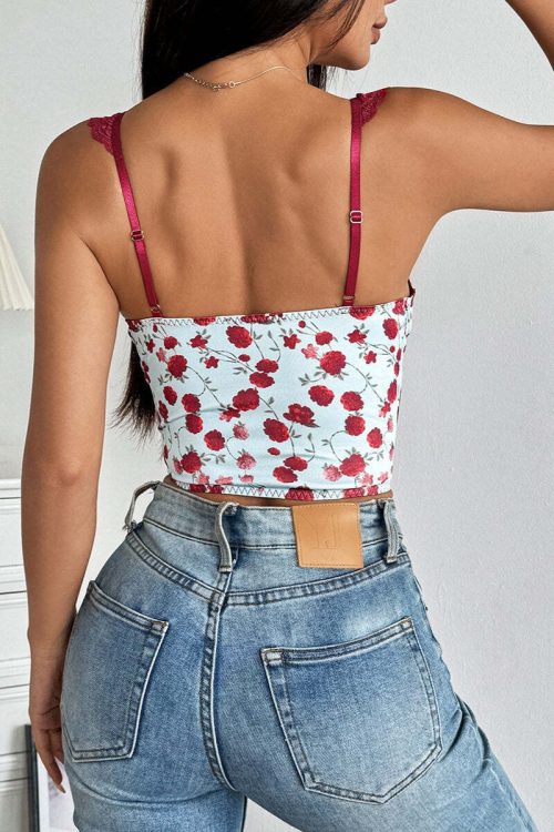 Rose Print Lace Bustier Tie Slim Cami Top