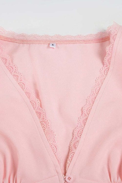 Lace Patchwork V Neck Puff Sleeve Blouse