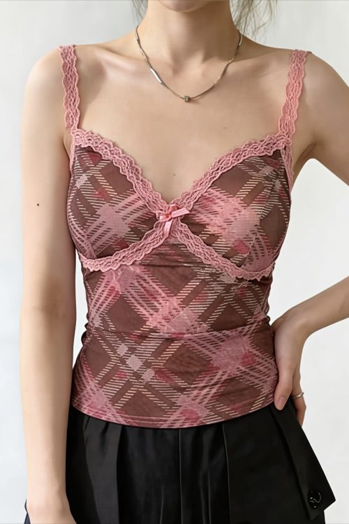 elegant-pink-plaid-lace-cami-top-1