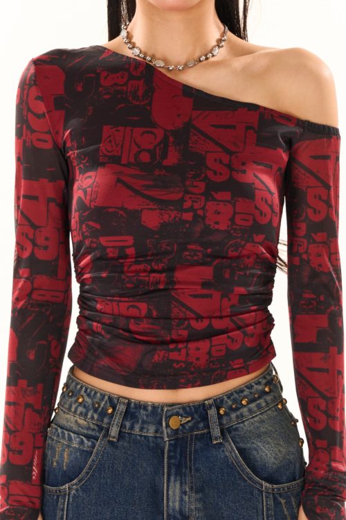 Maranda Graphic Pattern Print Contrast Red & Black Color Off-One-Shoulder Long Sleeve Slim Cropped Top