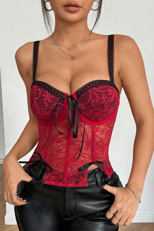 Sexy Lace Patchwork Tie Bustier Cami Top